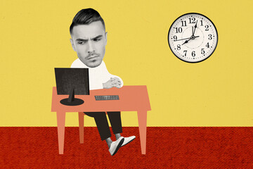 Collage picture of black white colors guy big head sit chair computer monitor desktop wall watch clock isolated on yellow background - Powered by Adobe