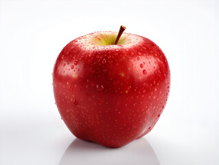Fresh red apple fruit with water droplets on it in white background