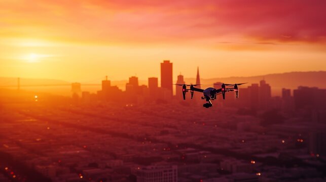 Innovation photography concept. Silhouette drone Flying over San-Francisco city on blurred background. Heavy lift drone photographing city at sunset