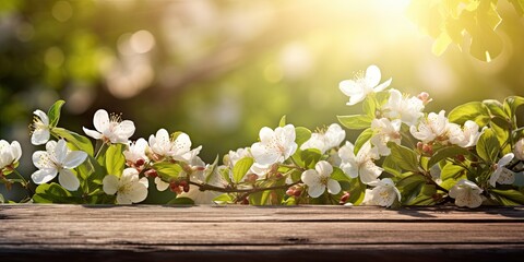 Sunlights and blossoms in front of a wooden table in a spring apple garden.
