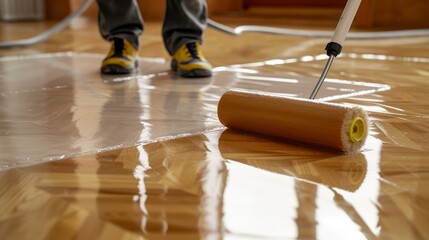 Lacquering wood floors. Worker uses a roller to coating floors. Varnishing lacquering parquet floor by paint roller - second layer. Home renovation parquet - obrazy, fototapety, plakaty