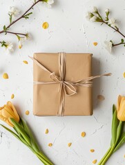 Minimalist Gift Packaging with Natural Twine and Greenery on a White Textured Background
