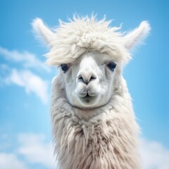 A detailed shot of a llama against a clear sky background.