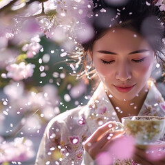 Tea ceremony in the garden, Asian woman in kimono with cherry blossoms