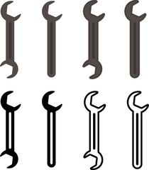 A wrench. Silhouette of a wrench. A set of brown and black icons.