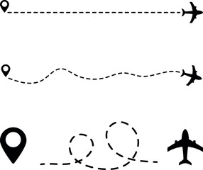 Aircraft, geolocation tag, and route line. Flight, route or journey. Simple vector illustration.
