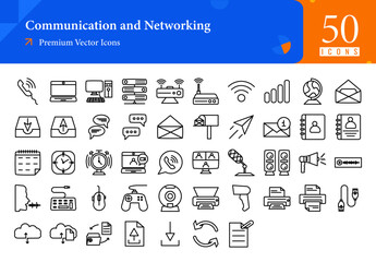 Set of Communication icons. Communication and Networking web icons in line style. Phone, Laptop, Router, Microphone, Speaker. Icon collection. Line icons pack. Vector illustration Ai EPS File