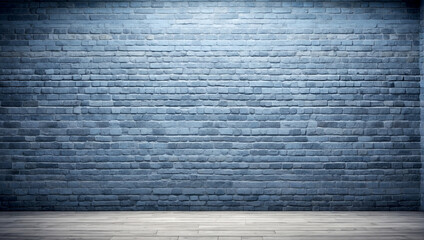 Wide old classic blue color panoramic background of brick wall texture. Home or office design background