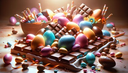Pâques coloré : Chocolats, œufs décorés, bonbons, et célébration gourmande. Parfait pour des contenus liés à l'alimentation et la décoration festive. - obrazy, fototapety, plakaty