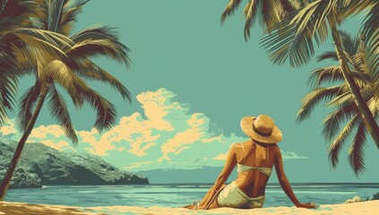 woman sunbathing by palm trees in the style of vintage poster style Generative AI - obrazy, fototapety, plakaty