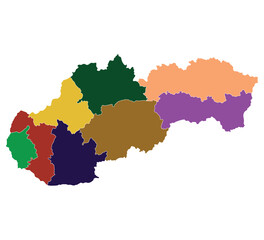 Slovakia map. Map of Slovakia in eight mains regions in multicolor