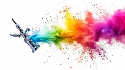 professional chrome metal airbrush acrylic color paint gun tool with colorful rainbow spray holi powder cloud explosion isolated on white panorama background industry art scale model modelling concept - obrazy, fototapety, plakaty