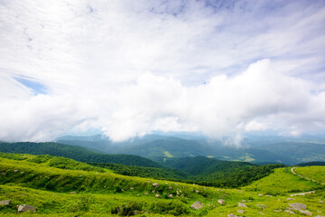 wonderful alpine landscape of ukraine in summer. clouds above the rolling hills and green meadows of carpathian mountains