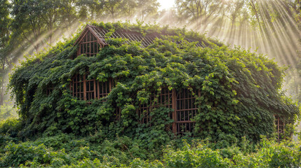 Overgrown Cabin in Forest Clearing at Sunset