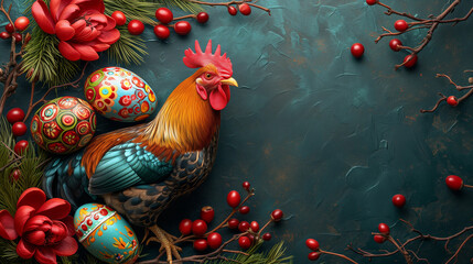 Easter card, Easter card background, Easter eggs and rooster on a dark background, generated AI