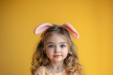 Portrait of cute little blue eyed girl wears pink toy bunny ears against yellow background