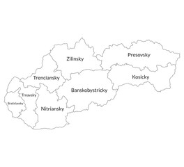 Slovakia map. Map of Slovakia in eight mains regions in white color
