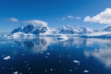 Fototapeta premium Bright sunlight bathes the snowy Antarctic peaks and scattered ice floes in a tranquil sea.