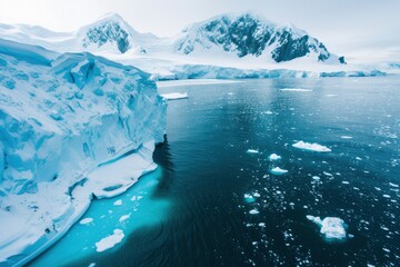 Snow-covered peaks and glaciers overlook the dark blue waters of Antarctica. - obrazy, fototapety, plakaty