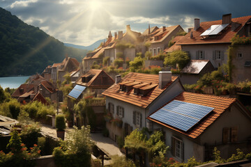 Fototapeta na wymiar Modern solar panels on the roofs of houses in an old european town. Future Energy. Generative AI tools
