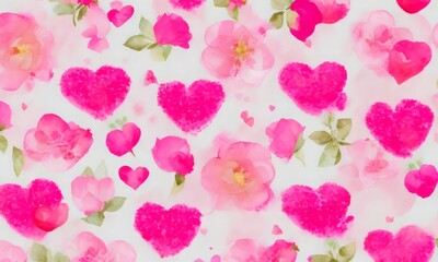 Pattern with pink flowers and hearts