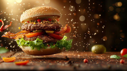 hamburger with salad, hamburger on black, burger with vegetables, hamburger with vegetables - obrazy, fototapety, plakaty