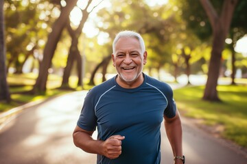 Naklejka na ściany i meble Happy senior man jogging living a healthy lifestyle in a park