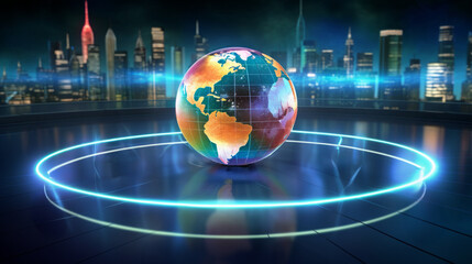High-tech global network visualization dominating a contemporary room with city skyline background.