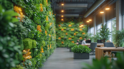 Modern office of ecological and sustainable architecture and design with plants, vertical garden, wooden furniture and computers.  - obrazy, fototapety, plakaty