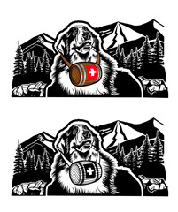 mountain rescue dog with barrel. Saint Bernard dog, Berner Sennenhund