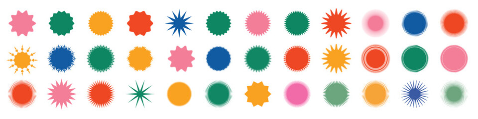 Set of colorful starburst. Price sticker, sale sticker, starburst, quality mark, retro stars, sale or discount sticker, sunburst badges, sun ray frames, promotional badge set, shopping labels. 555 