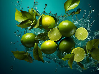 Limes with leaves falling down over water on green background