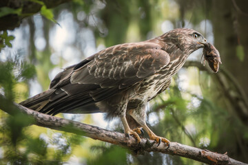 Mäusebussard mit gefangener Maus im Schnabel