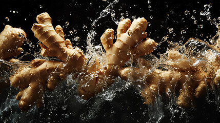 ginger pieces in water splashing onto a black backgro