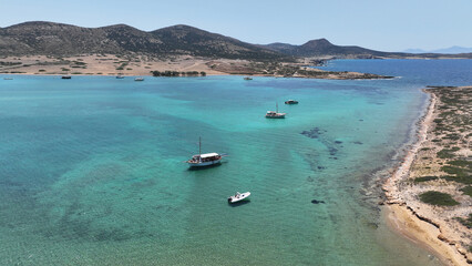 Aerial drone photo of beautiful nature and paradise secluded beaches of small island of Despotiko...
