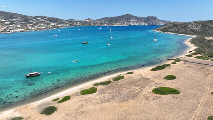 Aerial drone photo of beautiful nature and paradise secluded beaches of small island of Despotiko known for archaeological site untouched by tourism, Antiparos island, Cyclades, Greece