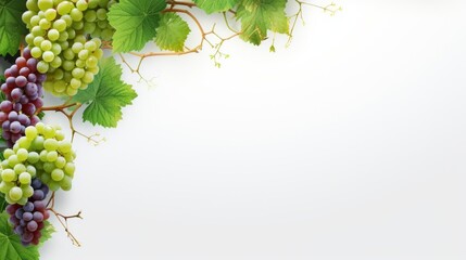 grapevine fruits and leaves as border on white background with copy space