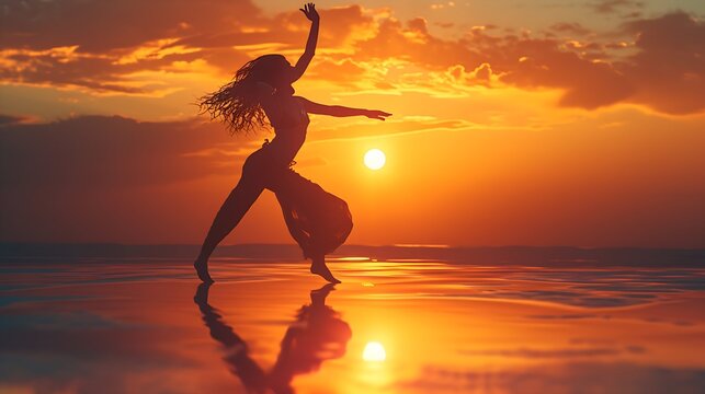 dancing at sunset - a woman's silhouette on the beach