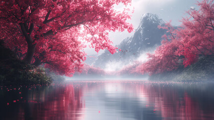 Beautiful landscape with pink blossom trees