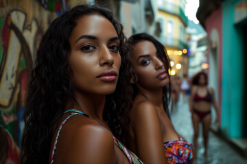 Three brazilian women in a favela alley in rio de janeiro, the foreground figure gazes at the camera with a confident allure, vibrant life behind her.