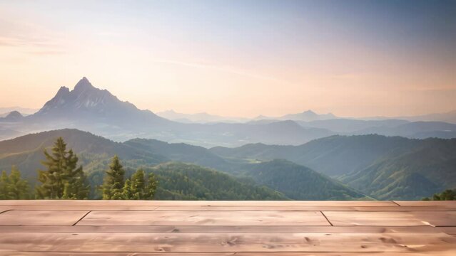 wooden table with mountain sunrise background