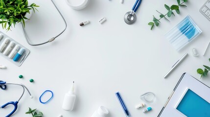 Top view of modern, sterile doctors office desk. Medical accessories on a white background with copy space around products. Photo taken from above