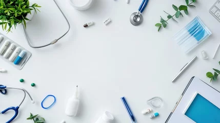 Poster Top view of modern, sterile doctors office desk. Medical accessories on a white background with copy space around products. Photo taken from above © Orxan