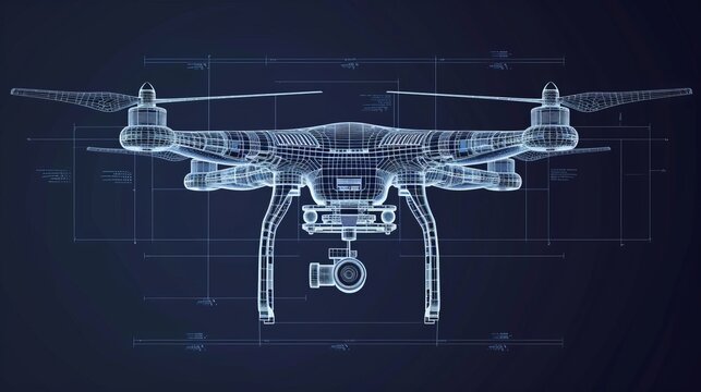 Vector Quadcopter or drone line blueprint wireframe
