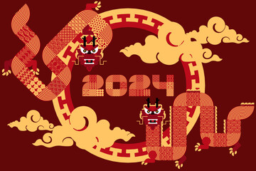 RED AND GOLD FLAT DRAGON DESIGN FOR CHINESE NEW YEAR 2024