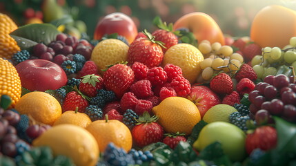 Obraz na płótnie Canvas Various types of fruits and vegetables Fresh and colorful Spread across the entire picture Contains important nutrients for the body Suitable for use in making presentations about healthy food.