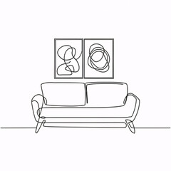 One continuous line drawing of a contemporary living room with a sectional sofa and abstract wall art. Chic and trendy decor with modern furniture in a simple linear style.