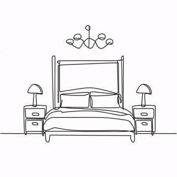 recommend clip art: One continuous line drawing of a cozy bedroom interior with a four-poster bed and soft lighting. Elegant and serene decor with minimalist furniture in a simple linear style.