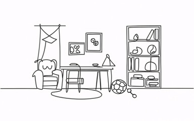 One continuous line drawing of a kid's playroom with playful decor and storage. Whimsical and fun design with child-friendly furniture in a simple linear style.