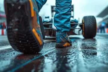 Foto op Plexiglas Treinspoor Man walking to his formula 1 car on wet track